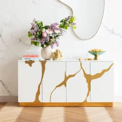 KARE Design Senkit|Lipastot*Cracked Senkki, Sivupöytä - Valkoinen/kulta 165x80cm