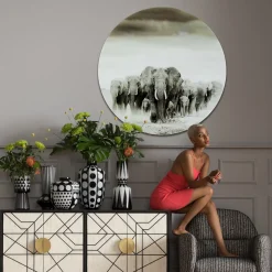 KARE Design Taulut*Elephant Walk - Elefantit, Pyöreä Lasitaulu Ø120cm