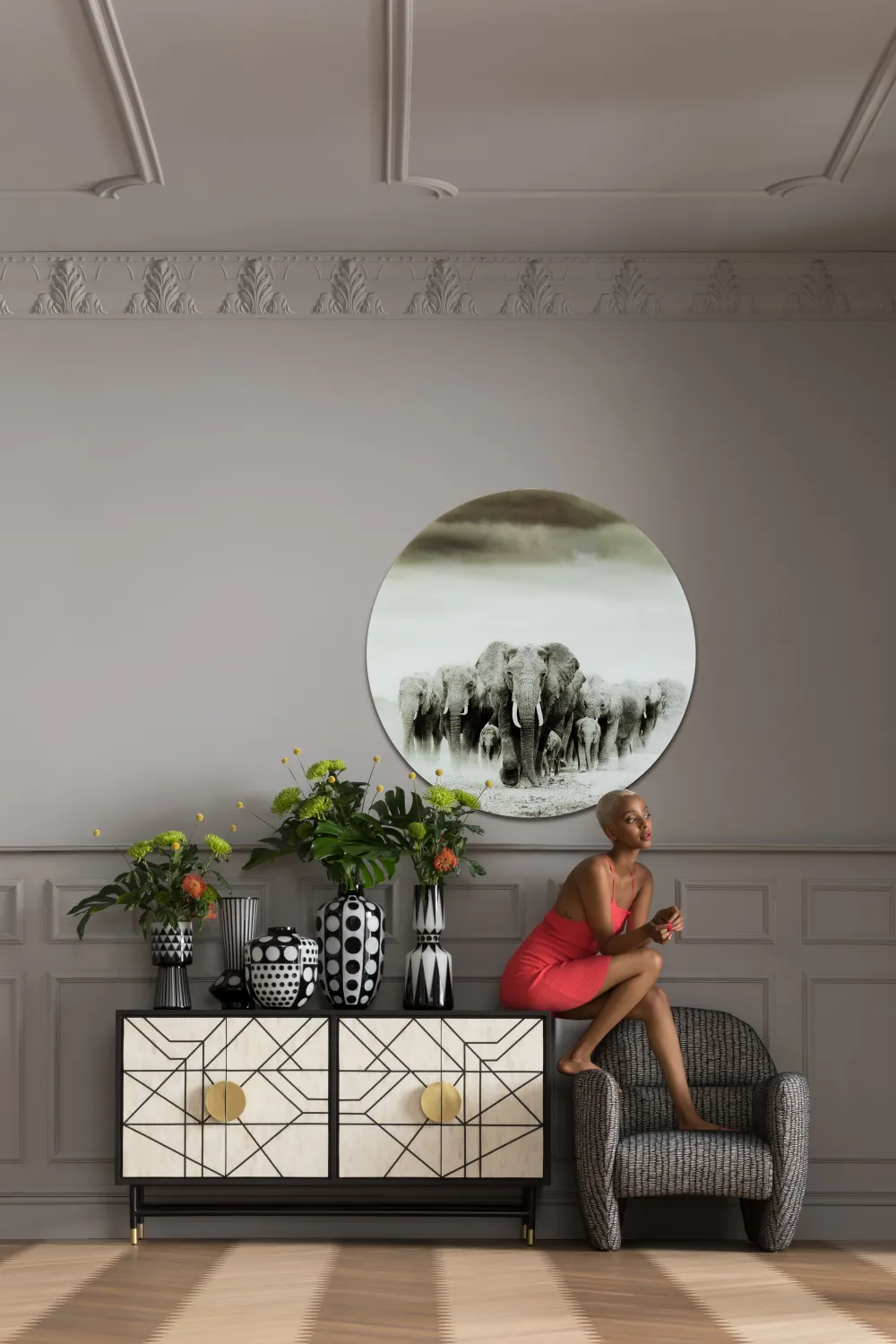 KARE Design Taulut*Elephant Walk - Elefantit, Pyöreä Lasitaulu Ø120cm