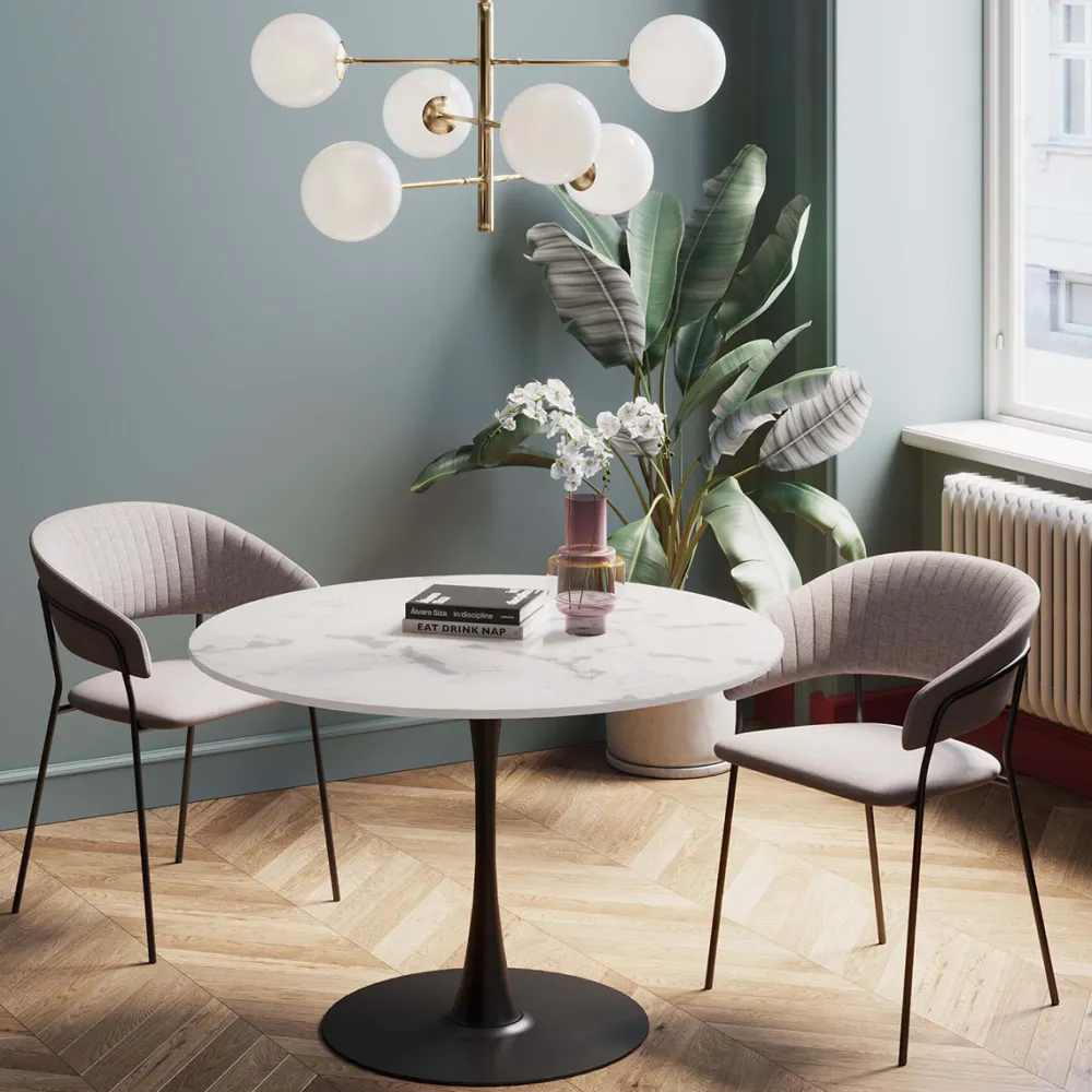 KARE Design Pöydät*Schickeria Pyöreä Ruokapöytä - Marmorikuosi, Valkoinen/musta Ø110cm