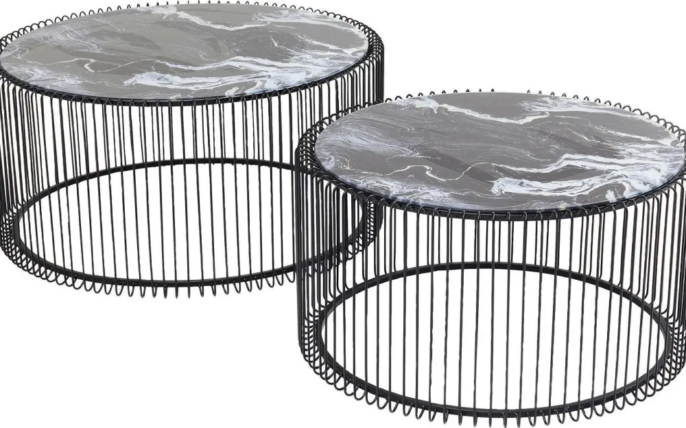 KARE Design Sohvapöydät|Olohuone*Wire Glass Marble Sohvapöytä - Marmorilasi, Musta (2/Setti)