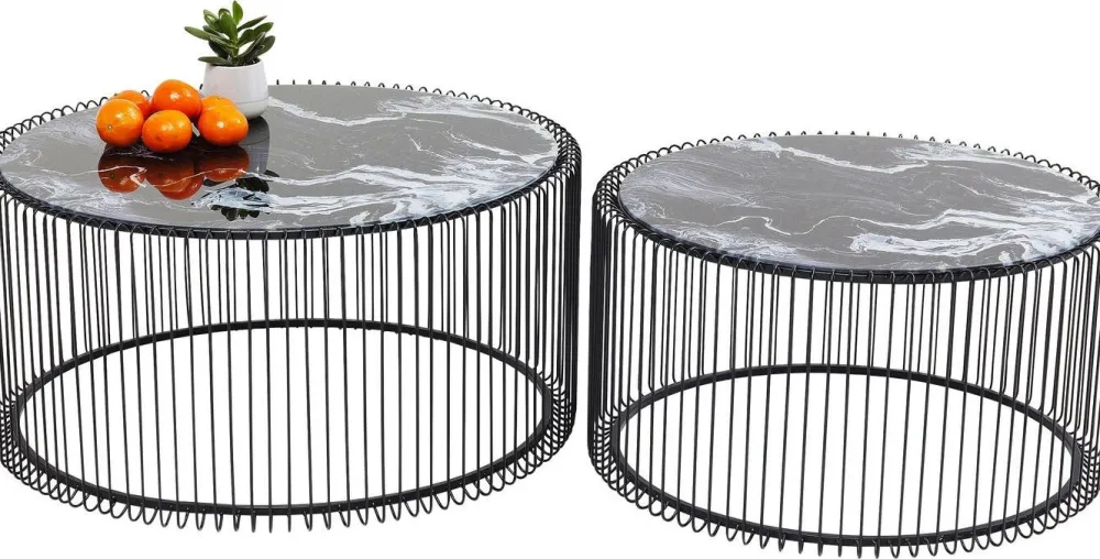 KARE Design Sohvapöydät|Olohuone*Wire Glass Marble Sohvapöytä - Marmorilasi, Musta (2/Setti)
